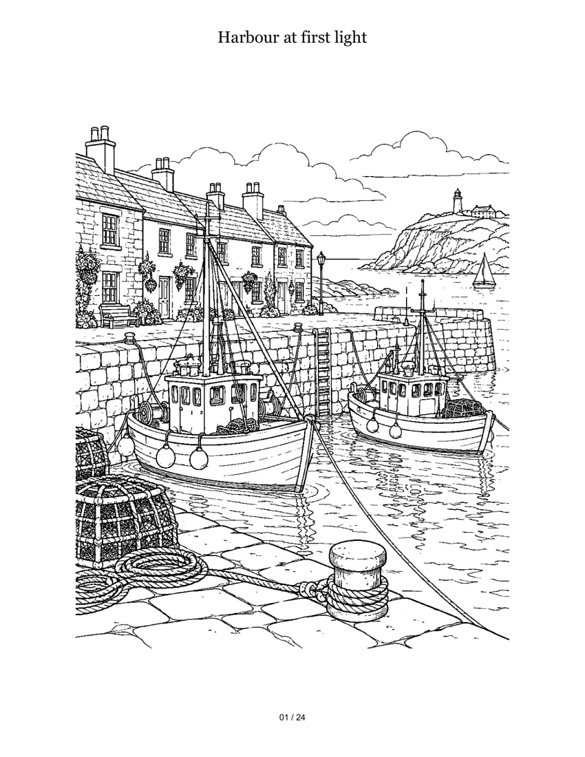 Harbour at first light colouring-page preview