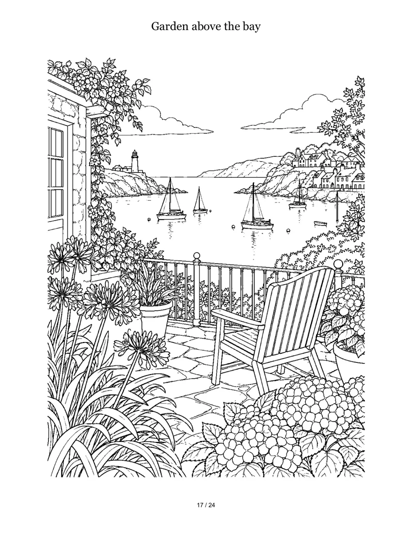 Garden above the bay colouring-page preview