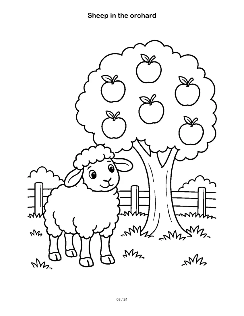 Sheep in the orchard colouring-page preview