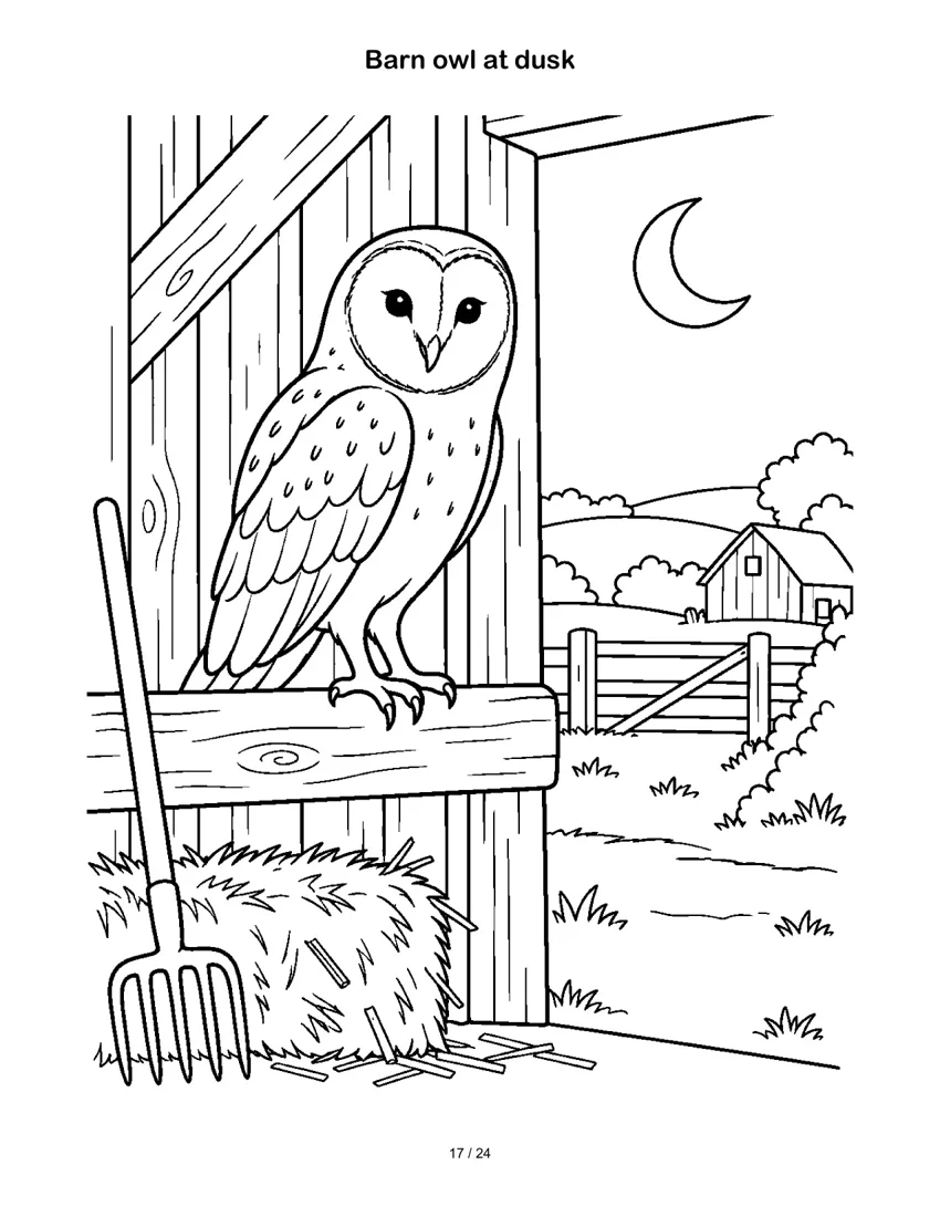 Barn owl at dusk colouring-page preview
