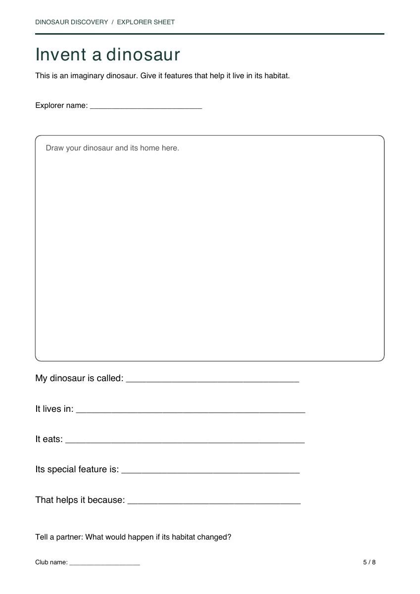 Invent a dinosaur worksheet with a drawing space and prompts about habitat, food and special features